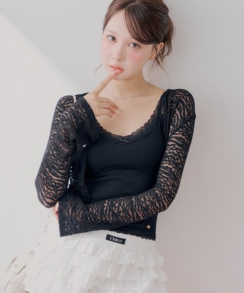 Chico(チコ)の「バックドロストレースカーディガン(Tシャツ/カットソー・レディース・ピンク/ホワイト/ブラック・FREE)」の6枚目の写真