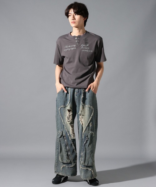 LAND MUSEUM（ランドミュージアム）の「LAND MUSEUM／クロスリブヘンリー半袖T（Tシャツ/カットソー・メンズ・ライトベージュ/チャコール・LARGE/MEDIUM）」の3枚目の写真