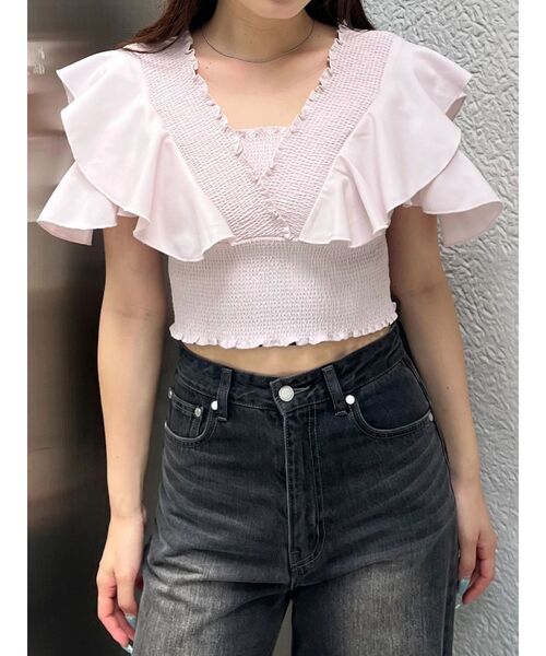 EMODA（エモダ）の「ラッフルスリーブシャーリングトップ（Tシャツ/カットソー・レディース・ホワイト/グレー/ピンク/ブルー・FREE）」の4枚目の写真