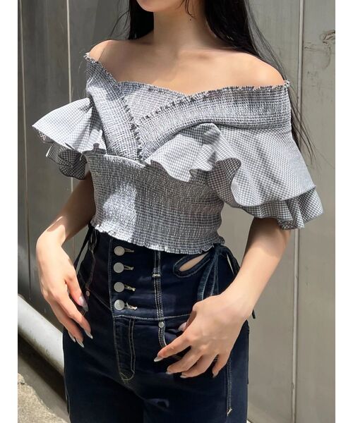 EMODA（エモダ）の「ラッフルスリーブシャーリングトップ（Tシャツ/カットソー・レディース・ホワイト/グレー/ピンク/ブルー・FREE）」の5枚目の写真