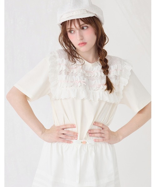 Lolime by mellfy memory(ロリミー バイ メルフィーメモリー)の「cotton frill T-shirts(Tシャツ/カットソー・レディース・ホワイト/ピンク・M/LL)」の1枚目の写真