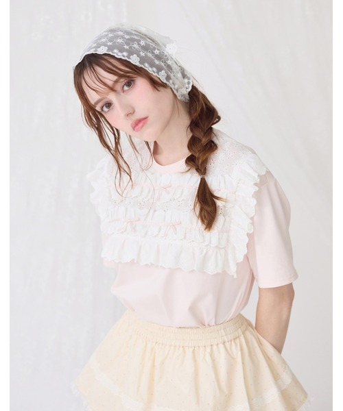 Lolime by mellfy memory(ロリミー バイ メルフィーメモリー)の「cotton frill T-shirts(Tシャツ/カットソー・レディース・ホワイト/ピンク・M/LL)」の2枚目の写真
