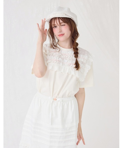 Lolime by mellfy memory(ロリミー バイ メルフィーメモリー)の「cotton frill T-shirts(Tシャツ/カットソー・レディース・ホワイト/ピンク・M/LL)」の4枚目の写真