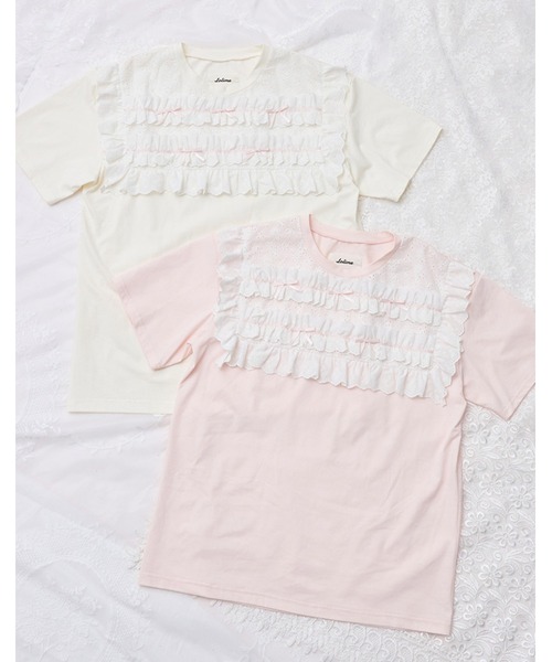 Lolime by mellfy memory(ロリミー バイ メルフィーメモリー)の「cotton frill T-shirts(Tシャツ/カットソー・レディース・ホワイト/ピンク・M/LL)」の3枚目の写真