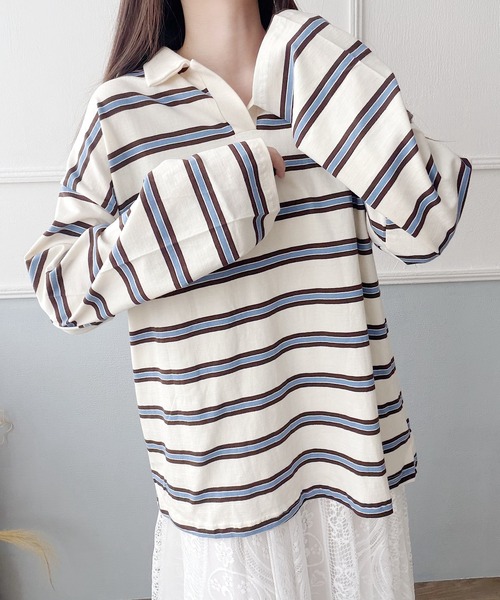 Nana(ナナ)の「ボーダー開襟ロングTシャツ(Tシャツ/カットソー・レディース・オレンジ/ブルー・FREE)」の10枚目の写真