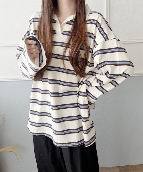 Nana(ナナ)の「ボーダー開襟ロングTシャツ(Tシャツ/カットソー・レディース・オレンジ/ブルー・FREE)」の13枚目の写真