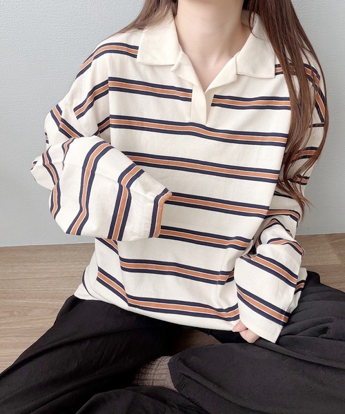 Nana(ナナ)の「ボーダー開襟ロングTシャツ(Tシャツ/カットソー・レディース・オレンジ/ブルー・FREE)」の14枚目の写真