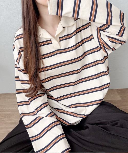Nana(ナナ)の「ボーダー開襟ロングTシャツ(Tシャツ/カットソー・レディース・オレンジ/ブルー・FREE)」の16枚目の写真