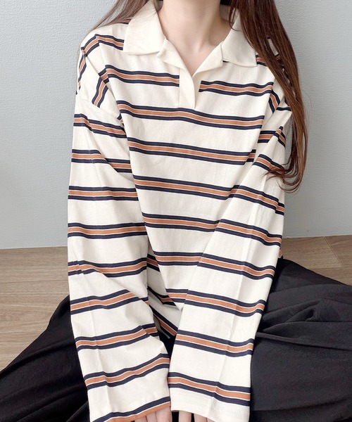 Nana(ナナ)の「ボーダー開襟ロングTシャツ(Tシャツ/カットソー・レディース・オレンジ/ブルー・FREE)」の18枚目の写真