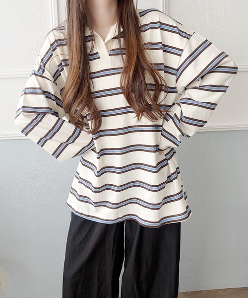 Nana(ナナ)の「ボーダー開襟ロングTシャツ(Tシャツ/カットソー・レディース・オレンジ/ブルー・FREE)」の19枚目の写真