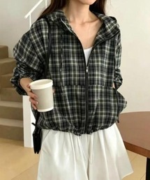 チェック ジップアップクロップドパーカー