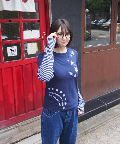 KKEEE（ケーケーイーイー）の「ムンラブスター レイヤード長袖Tシャツ(3カラー)（Tシャツ/カットソー・レディース・ネイビー/ライトグレー/ブラック・FREE）」の6枚目の写真