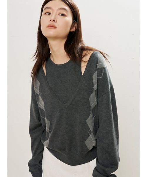 MIESROHE（ミースロエ）の「アーガイルレイヤードニットトップス（ニット/セーター・レディース・ダークネイビー/モカ/グレー・F）」の12枚目の写真