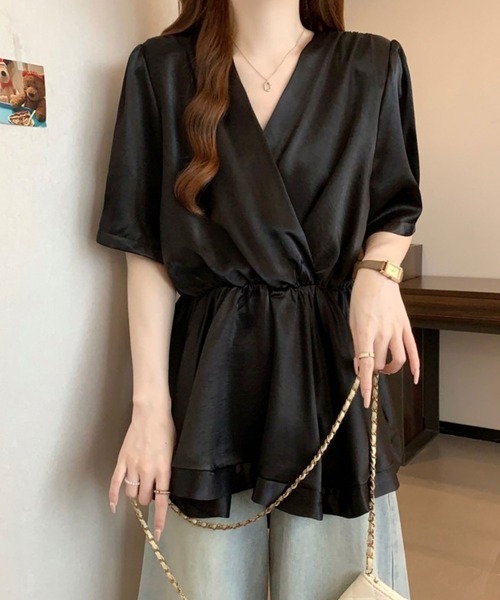 Girly Doll(ガーリードール)の「カシュクールペプラムブラウス(シャツ/ブラウス・レディース・ベージュ/ブラック・M/L)」の4枚目の写真