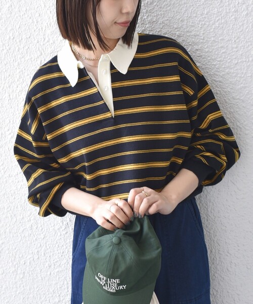 SHIPS Colors(シップス カラーズ)の「〈手洗い可能〉ボーダー ラガー ニット◆(ニット/セーター・レディース・ネイビー/ブラウン・ONE SIZE)」の2枚目の写真
