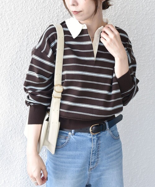 SHIPS Colors(シップス カラーズ)の「〈手洗い可能〉ボーダー ラガー ニット◆(ニット/セーター・レディース・ネイビー/ブラウン・ONE SIZE)」の17枚目の写真