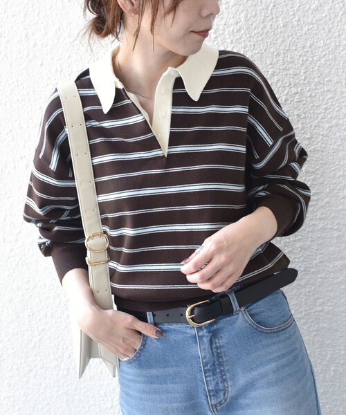 SHIPS Colors(シップス カラーズ)の「〈手洗い可能〉ボーダー ラガー ニット◆(ニット/セーター・レディース・ネイビー/ブラウン・ONE SIZE)」の18枚目の写真