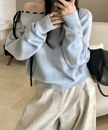 リボンステッチ オフショルライクニットトップス