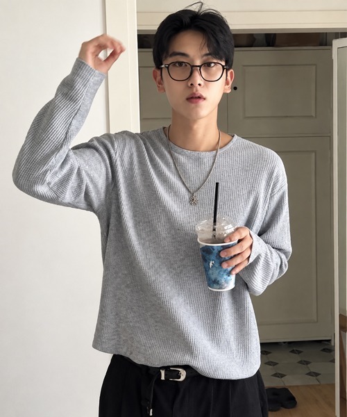 NOWLE】ワッフル クルーネック ルーズ 長袖 Tシャツ / サーマル ロンT