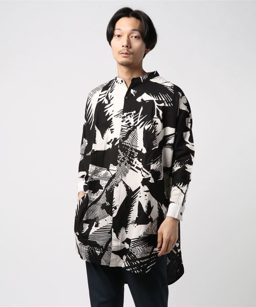 チャイハネ（チャイハネ）の「【チャイハネ】麻混バードプリントバンドカラーMEN'Sシャツ（シャツ/ブラウス・メンズ・ブラック/ブラウン/ブルー・FREE）」の4枚目の写真