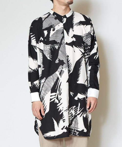 チャイハネ（チャイハネ）の「【チャイハネ】麻混バードプリントバンドカラーMEN'Sシャツ（シャツ/ブラウス・メンズ・ブラック/ブラウン/ブルー・FREE）」の10枚目の写真