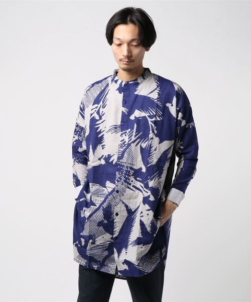 チャイハネ（チャイハネ）の「【チャイハネ】麻混バードプリントバンドカラーMEN'Sシャツ（シャツ/ブラウス・メンズ・ブラック/ブラウン/ブルー・FREE）」の12枚目の写真