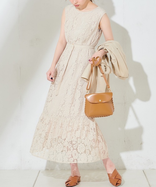 natural couture（ナチュラルクチュール）の「細ベルト付きレースロングワンピース（ワンピース・レディース・ブラック/ベージュ/イエロー・FREE）」の3枚目の写真