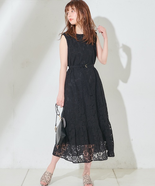 natural couture（ナチュラルクチュール）の「細ベルト付きレースロングワンピース（ワンピース・レディース・ブラック/ベージュ/イエロー・FREE）」の4枚目の写真