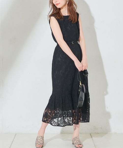 natural couture（ナチュラルクチュール）の「細ベルト付きレースロングワンピース（ワンピース・レディース・ブラック/ベージュ/イエロー・FREE）」の5枚目の写真