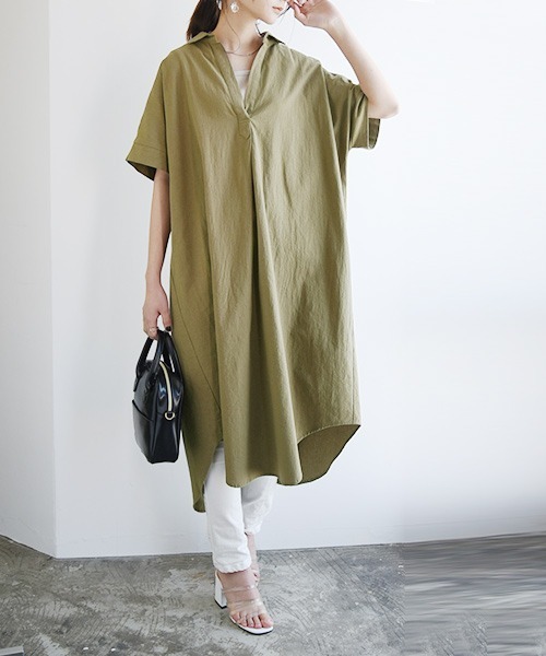 and it_（アンドイット）の「スキッパー＆ベーシックロングシャツワンピース（シャツワンピース・レディース・グレー系3/ブラック系3/ホワイト系3/カーキ系3/ホワイト系4/ブラック系4/グレー系4/カーキ系4/ホワイト系1/ホワイト系2/カーキ系2/カーキ系1/グレー系2/グレー系1/ブラック系2/ブラック系1・M/L/M-Long/L-Long）」の15枚目の写真