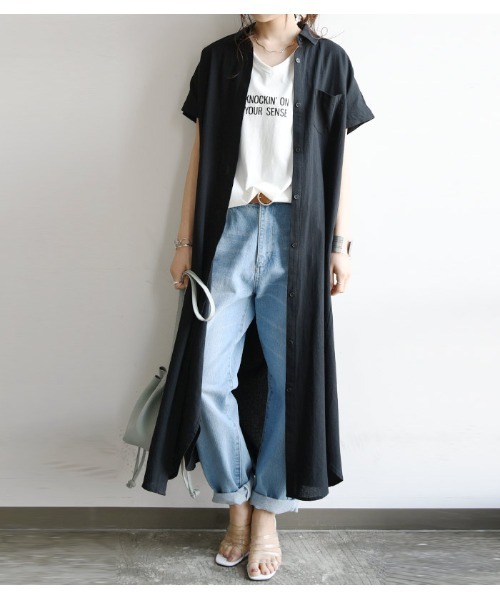 and it_(アンドイット)の「選べる2TYPE!スキッパー&ベーシックロングシャツワンピース(シャツワンピース)」|ブラック系その他