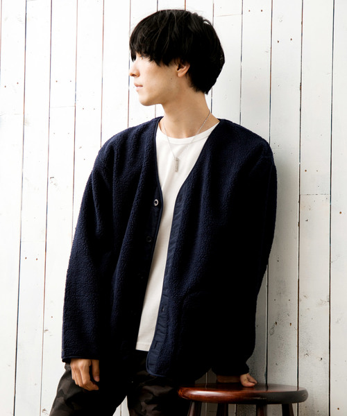 TopIsm(トップイズム)の「ビッグシルエットボアフリースノーカラージャケット ボアブルゾン(ノーカラージャケット)」|ネイビー