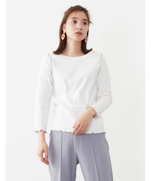 POU DOU DOU（プードゥドゥ）の「7分袖テレコ配色メロートップス（Tシャツ/カットソー・レディース・ブラック/オフホワイト/ピンク/アイボリー/ミント・3）」の2枚目の写真