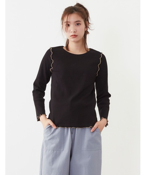 POU DOU DOU（プードゥドゥ）の「7分袖テレコ配色メロートップス（Tシャツ/カットソー・レディース・ブラック/オフホワイト/ピンク/アイボリー/ミント・3）」の4枚目の写真