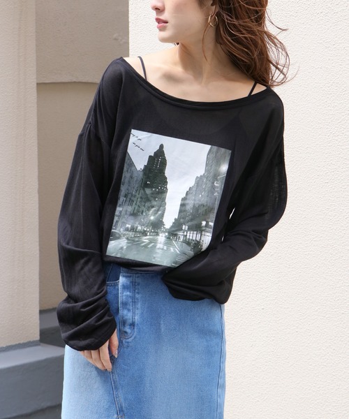 Avvenente（アベネンテ）の「【Avvenente】2WAYプリントシアーTシャツ（Tシャツ/カットソー・レディース・ホワイト/ブラック/ライトグリーン・M）」の4枚目の写真