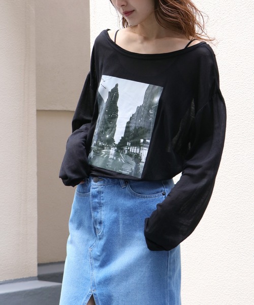 Avvenente（アベネンテ）の「【Avvenente】2WAYプリントシアーTシャツ（Tシャツ/カットソー・レディース・ホワイト/ブラック/ライトグリーン・M）」の5枚目の写真