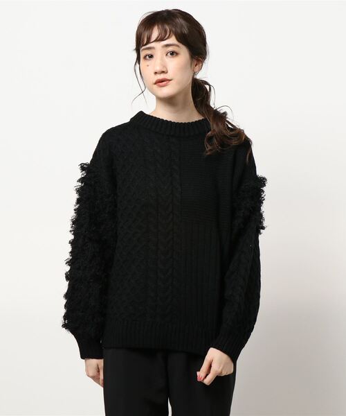 KOBE LETTUCE(コウベレタス)の「フリンジ袖パッチワーク風プルオーバーニットトップス(ニット/セーター・レディース・ブラック/ブルー/アイボリー・FREE)」の6枚目の写真