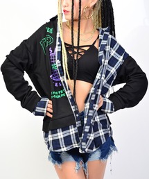 チェック×スウェット切り替えシャツ