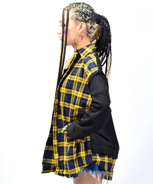 babyShoop（ベイビーシュープ）の「チェック×スウェット切り替えシャツ（シャツ/ブラウス・レディース・ネイビー/イエロー・FREE）」の3枚目の写真