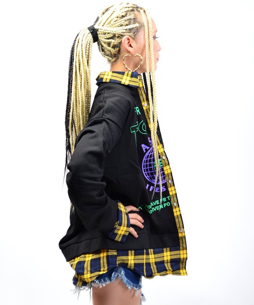 babyShoop（ベイビーシュープ）の「チェック×スウェット切り替えシャツ（シャツ/ブラウス・レディース・ネイビー/イエロー・FREE）」の5枚目の写真