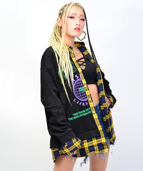 babyShoop（ベイビーシュープ）の「チェック×スウェット切り替えシャツ（シャツ/ブラウス・レディース・ネイビー/イエロー・FREE）」の6枚目の写真