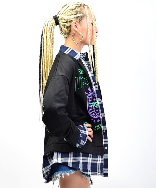 babyShoop（ベイビーシュープ）の「チェック×スウェット切り替えシャツ（シャツ/ブラウス・レディース・ネイビー/イエロー・FREE）」の9枚目の写真