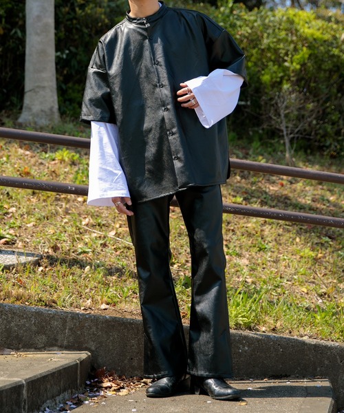 Adoon plain(アドーンプレーン)の「【Adoon plain】【セットアップ着用可】フェイクレザーオーバーシャツ(シャツ/ブラウス・メンズ・ブラック・MEDIUM/LARGE)」の3枚目の写真