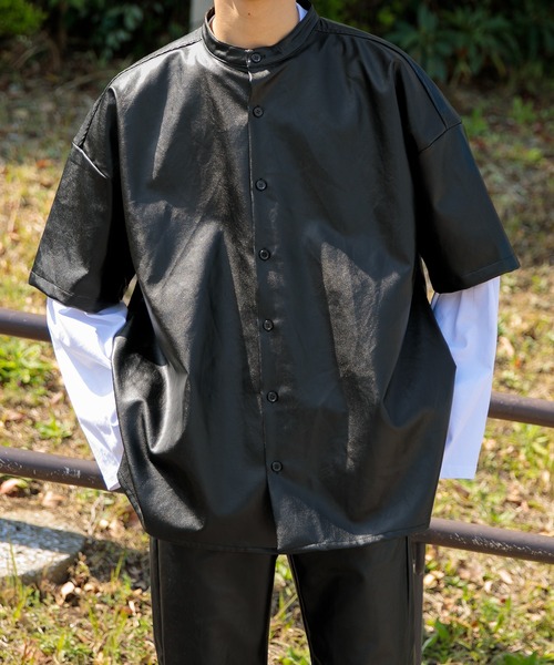 Adoon plain(アドーンプレーン)の「【Adoon plain】【セットアップ着用可】フェイクレザーオーバーシャツ(シャツ/ブラウス・メンズ・ブラック・MEDIUM/LARGE)」の7枚目の写真