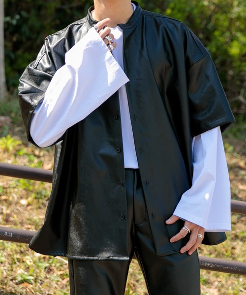 Adoon plain(アドーンプレーン)の「【Adoon plain】【セットアップ着用可】フェイクレザーオーバーシャツ(シャツ/ブラウス・メンズ・ブラック・MEDIUM/LARGE)」の6枚目の写真