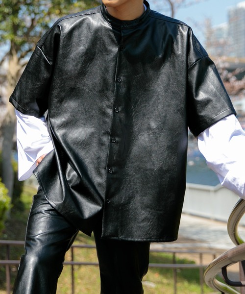 Adoon plain(アドーンプレーン)の「【Adoon plain】【セットアップ着用可】フェイクレザーオーバーシャツ(シャツ/ブラウス・メンズ・ブラック・MEDIUM/LARGE)」の8枚目の写真