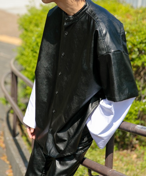 Adoon plain(アドーンプレーン)の「【Adoon plain】【セットアップ着用可】フェイクレザーオーバーシャツ(シャツ/ブラウス・メンズ・ブラック・MEDIUM/LARGE)」の13枚目の写真