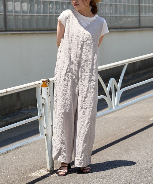 PUAL CE CIN（ピュアルセシン）の「麻キャンバスクリンクルコンビネゾン（サロペット/オーバーオール・レディース・ブラック/ベージュ/ライトベージュ/グレー・FREE）」の4枚目の写真