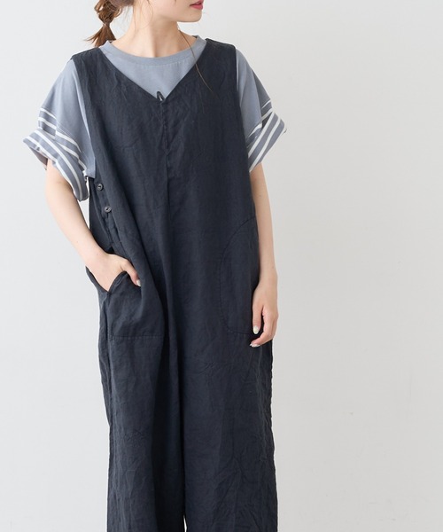 PUAL CE CIN（ピュアルセシン）の「麻キャンバスクリンクルコンビネゾン（サロペット/オーバーオール・レディース・ブラック/ベージュ/ライトベージュ/グレー・FREE）」の2枚目の写真