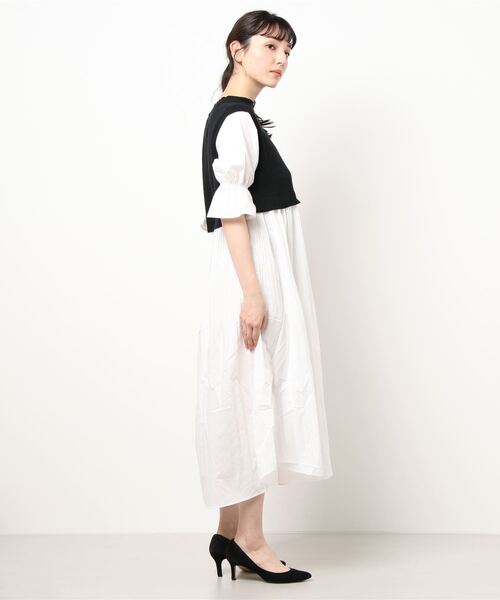 KOBE LETTUCE（コウベレタス）の「消しプリーツニットドッキングワンピース（ワンピース・レディース・ブラック×ホワイト/ベージュ系その他・FREE）」の4枚目の写真